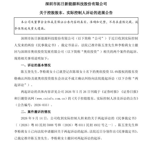 家族内斗暂歇：父母撤回对女儿起诉 拓日新能：股权分配已有初步意向