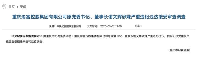 谢文辉落马：曾执掌万亿级重庆银行与5600亿国企，权力巅峰后急转直下