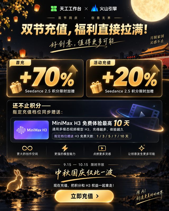 首购积分加赠70%:SkyProduction天工工作台联合火山引擎推出中秋国庆三重福利